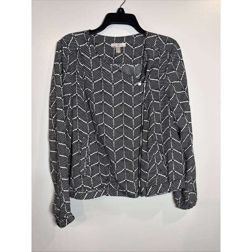 Roz & Ali Jacket Women's Medium M Black White Moto Blazer Geometric Long Sleeves